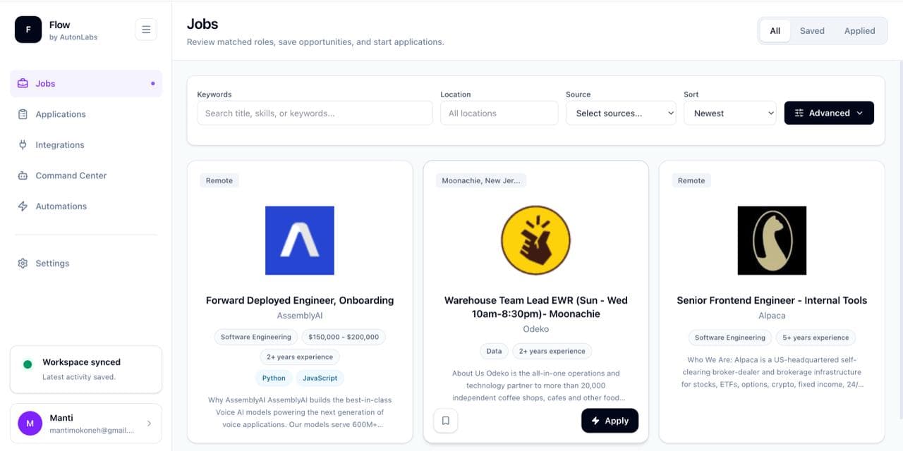 Flow jobs workspace with matched role cards